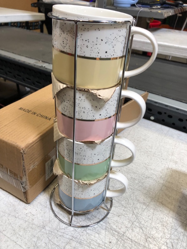 Photo 2 of Hasense Stackable Coffee Mugs Set of 4 with Metal Stand, 15 Ounce Large Stacking Ceramic Cups with Rack Perfect for Coffee Cocoa Latte Milk and Tea, Assorted Color Assorted Color 15.0 Fluid Ounces