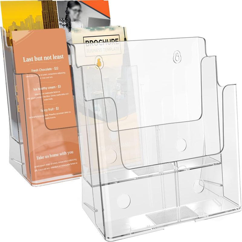 Photo 1 of MaxGear Brochure Holder 2 Tier 8.5x11 inches 2 Packs with Removable Divider for 4"x9" Brochures Display Stand Flyer Holder Acrylic Pamphlet Holder Clear Literature Holder Wall Mount or Countertop Use
