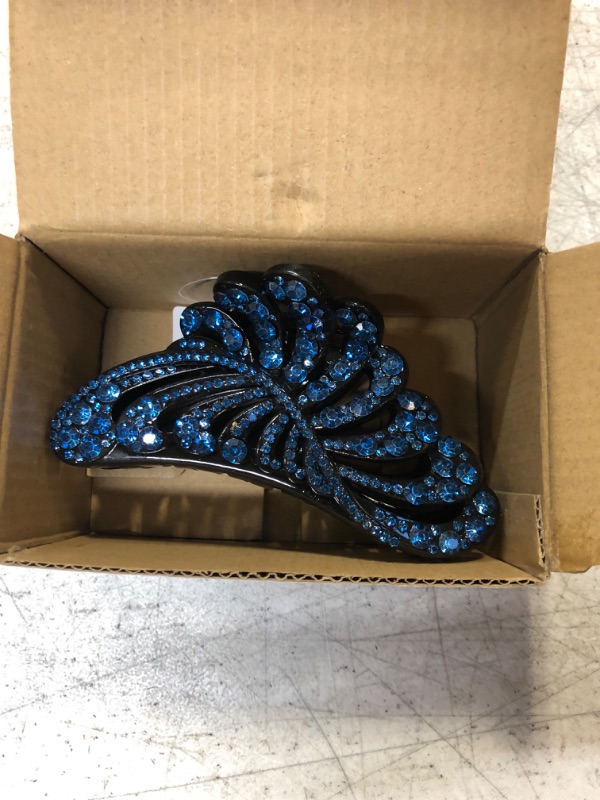 Photo 2 of ARFINNE Large Hair Claw Clips With Blue Rhinestone 5 Inch Nonslip Leaf Plastic Big Black Jumbo Jaw Clip for Women Strong Hold Thick and Long Hair
