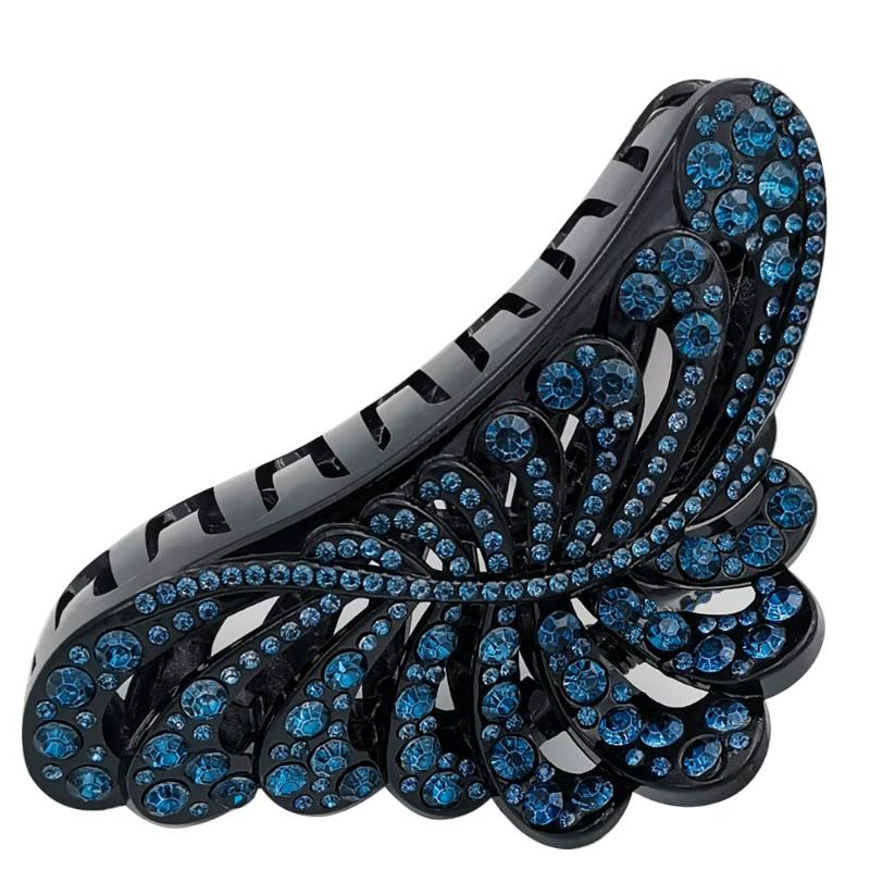 Photo 1 of ARFINNE Large Hair Claw Clips With Blue Rhinestone 5 Inch Nonslip Leaf Plastic Big Black Jumbo Jaw Clip for Women Strong Hold Thick and Long Hair
