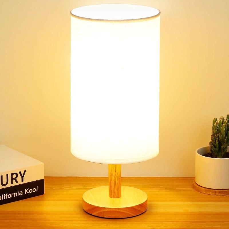 Photo 1 of AFROG Table Lamp for Bedroom - 3 Way Dimmable Nightstand Lamp with Round Flaxen Fabric Shade for Living Room Kids Room Office Dorm,Solid Wood,12W, LED Bulb Included
