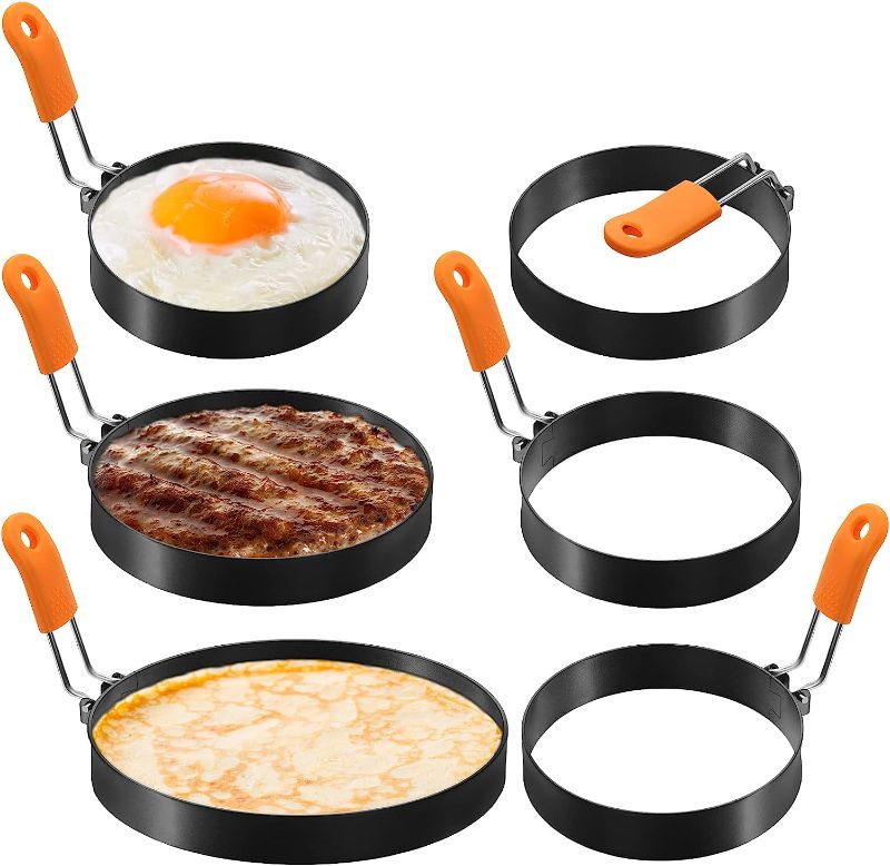 Photo 1 of 6 Pcs Professional Pancake Ring Set Stainless Steel Fried Egg Ring Griddle Pancake Shapers with Orange Silicone Handle for Breakfast Omelette Sandwich(4 Inch, 6 Inch, 8 Inch)
