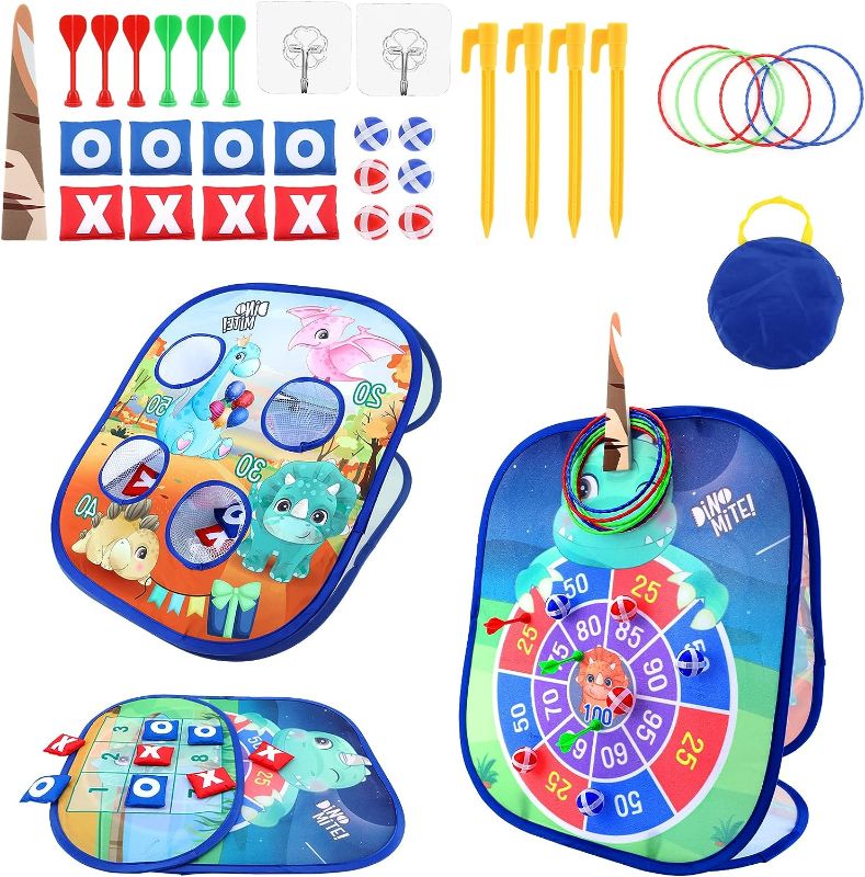 Photo 1 of Bean Bag Toss Party Games for Kids, 5 in 1 Toss Game Kit Collapsible Three Sided Garden Game, Cornhole Throwing Game, Sticky Ball, Dart Game, Ring Tossing Game & Board Game with 4 Props, 5 Games
