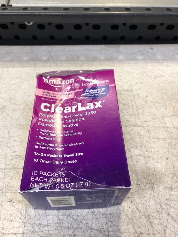 Photo 2 of Amazon Basic Care ClearLax, Polyethylene Glycol 3350 Powder for Solution, Osmotic Laxative, 0.5 Ounce each, 10 Count (Pack of 1) Best By 2024