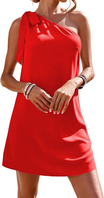 Photo 1 of Guteidee Women's One Shoulder Dress Casual Tie Bow Knot Sleeveless Mini Dress Wedding Guest Dress Cocktail Party Dresses Large B-solid Red