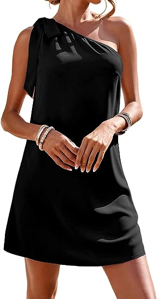 Photo 1 of Guteidee Women's One Shoulder Dress Casual Tie Bow Knot Sleeveless Mini Dress Wedding Guest Dress Cocktail Party Dresses Black Medium
