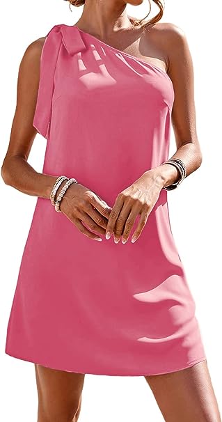 Photo 1 of Guteidee Women's One Shoulder Dress Casual Tie Bow Knot Sleeveless Mini Dress Wedding Guest Dress Cocktail Party Dresses XL Watermelon Red 
