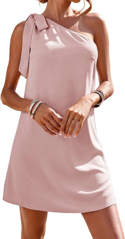 Photo 1 of Guteidee Women's One Shoulder Dress Casual Tie Bow Knot Sleeveless Mini Dress Wedding Guest Dress Cocktail Party Dresses Small A-solid Pink