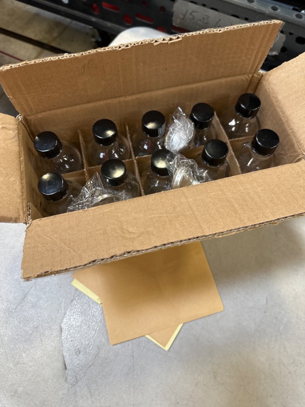 Photo 2 of 10 Pack, 4 oz Small Clear Glass Bottles with Lids & 3 Stainless Steel Funnels - 120ml Boston Round Sample Bottles for Potion, Juice, Ginger Shots, Oils, Whiskey, Liquids - Travel Bottles NO Leakage