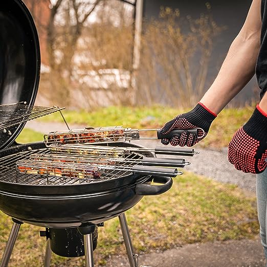 Photo 1 of  Large Kabob Grilling Baskets Set of 4 - Foldable - Kebab Grill - for Outdoor Grilling - Includes Kebab Oil Brush Bottle & Grill Gloves - Dishwasher Safe