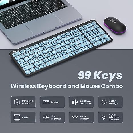 Photo 1 of  Wireless Keyboard and Mouse with 7 Colors Backlits, Rechargeable 2.4G/Bluetooth Wireless Connection Transparent Keycaps Keyboard and Mouse for PC, Mac, Laptop, iPad, iPhone and Android