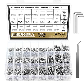 Photo 1 of 1504 Pieces Button Head Socket Cap Screws Nuts Washers Kit, Kindroufly M2 M3 M4 Screw Assortment Kit, Machine Screws, 304 Stainless Steel, Fully Machine Thread, Silver