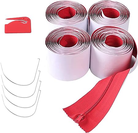 Photo 1 of (4-Pack) Heavy-Duty Dust Protector Zipper (Red) - Self-Adhesive Instant Door Zipper - 7 Ft Long x 3 in Wide Zipper - Includes 4 Zippers and Plastic Sheeting Cutter Accessories