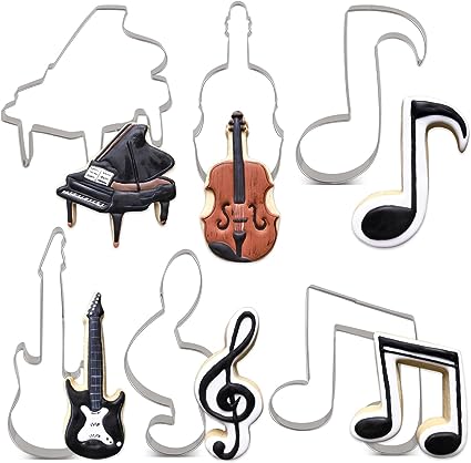 Photo 1 of  Music Cookie Cutter Set - 6 Piece - Violin, Piano, Electric Guitar, Music Note, G Clef and Eighth Note Biscuit Fondant Cutters - Stainless Steel