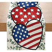 Photo 1 of 4th of July Table Runner, Red White Blue Patriotic Hearts EucalyptusTable Runner, Memorial Day Kitchen Dining Table Decoration for Home Party Decor 13x72 Inch