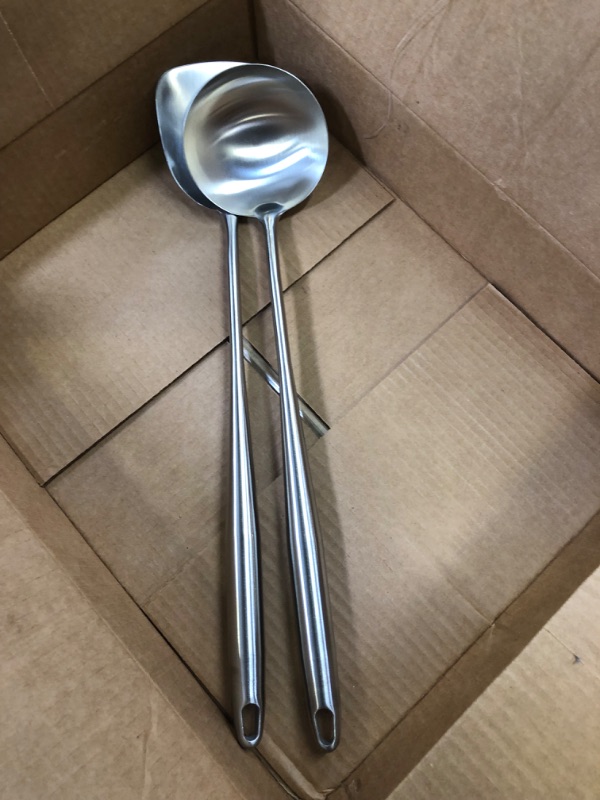 Photo 2 of 17inch Wok Spatula and Ladle - 304 Stainless Steel Wok Tools Set, 2 Pieces All Metal Extra Long Handle Cooking Tools, Chinese Wok Utensils and Wok Accessories for Cast Iron/Carbon Steel Wok 2-Pieces