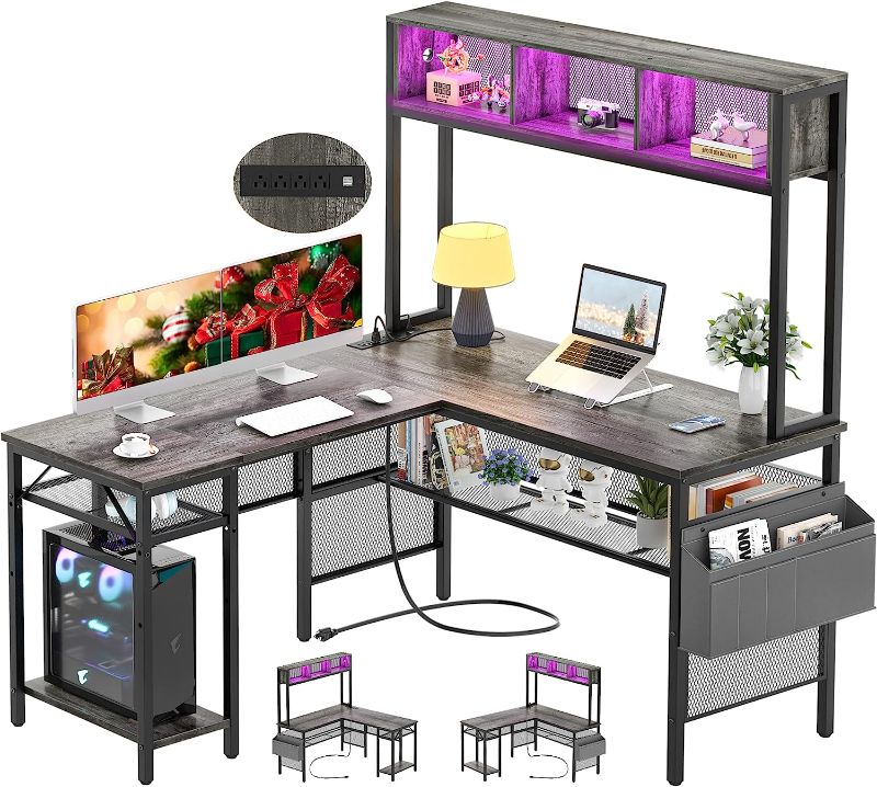 Photo 1 of Unikito L Shaped Computer Desk with LED Strip and Power Outlets, Reversible L-Shaped Corner Desk with Storage Shelves and Bag, Industrial Home Office Desk Gaming Table with USB Port, Black Oak
