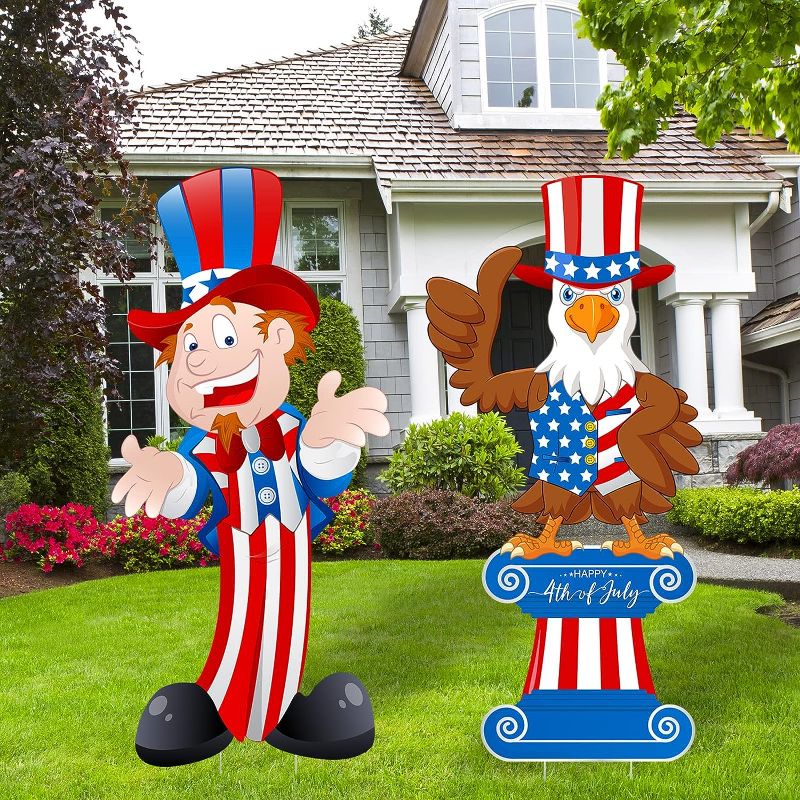 Photo 1 of 2 Pack Patriotic Yard Decorations Eagle July 4th Outdoor Decorations Independence Day Yard Sign with Stakes for Fourth of July Memorial Day Garden Yard Lawn Home Decor, 32.2 x 12.9 Inch
 3 PACK 