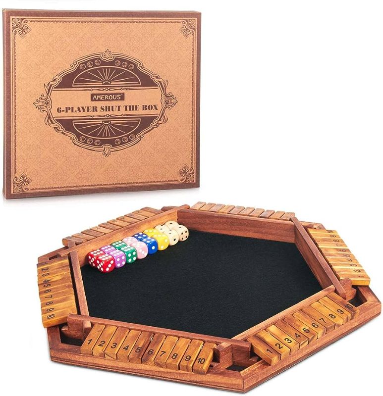 Photo 1 of AMEROUS Upgraded 1-6 Players Shut The Box Dice Game, Wooden Board Table Math Game with 16 Dice, Shut-The-Box Rules, Gift Box Packed, Board Game for Kids Adults, Family Classroom Home Party or Pub (MISSING DICES)
