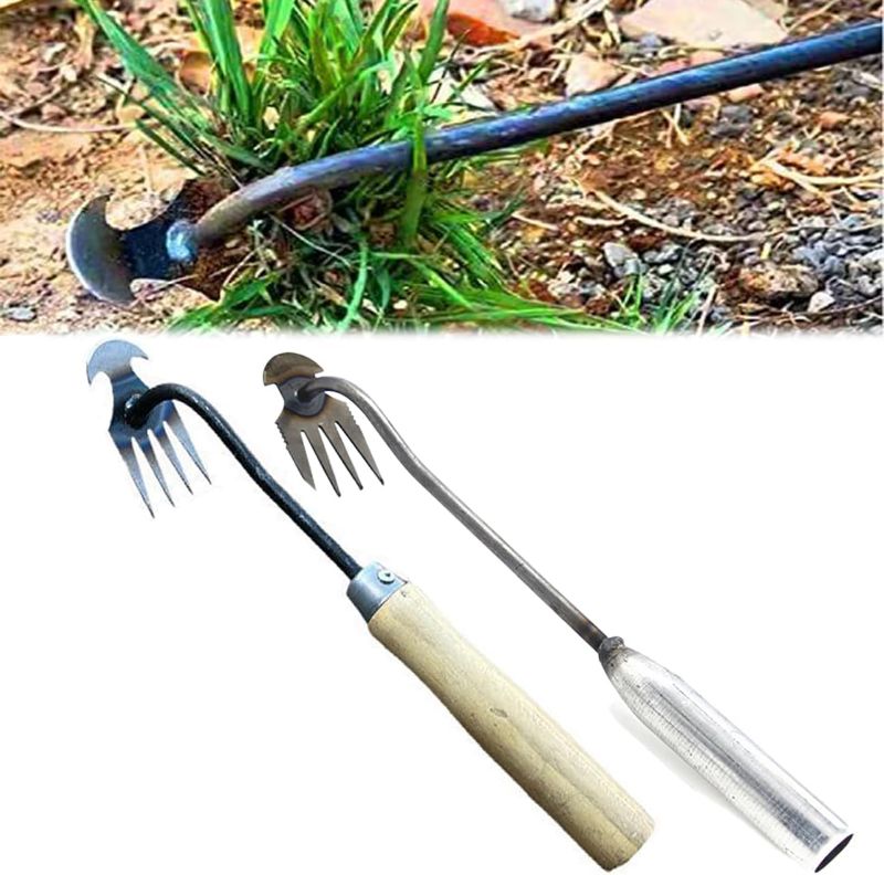 Photo 1 of 2 Pieces Garden Weeding Rake, New Sharp and Durable with Root Weeding Tool for Home Garden Shovel, Backyard Loosening Farm Planting Weeding. (11.8 inch Iron + Wood Handle)
