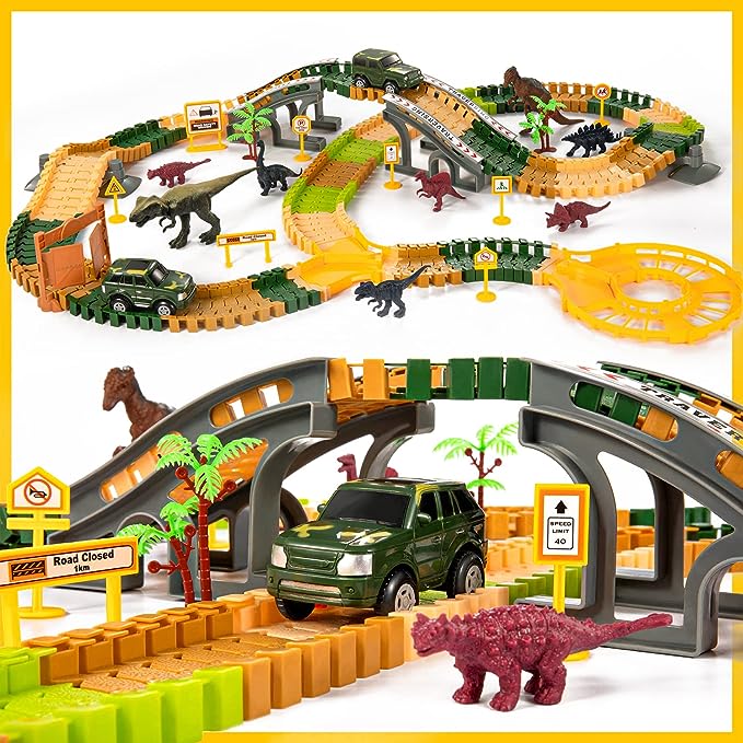 Photo 1 of Dinosaur Tracks Toy for Kids 3 4 5 6 Years and Up, Create A Dino World Road Race, 239 Pieces Bendable and Flexible Tracks with Dinosaur Figures, Viaduct, Trees and 2 Electric Cars
