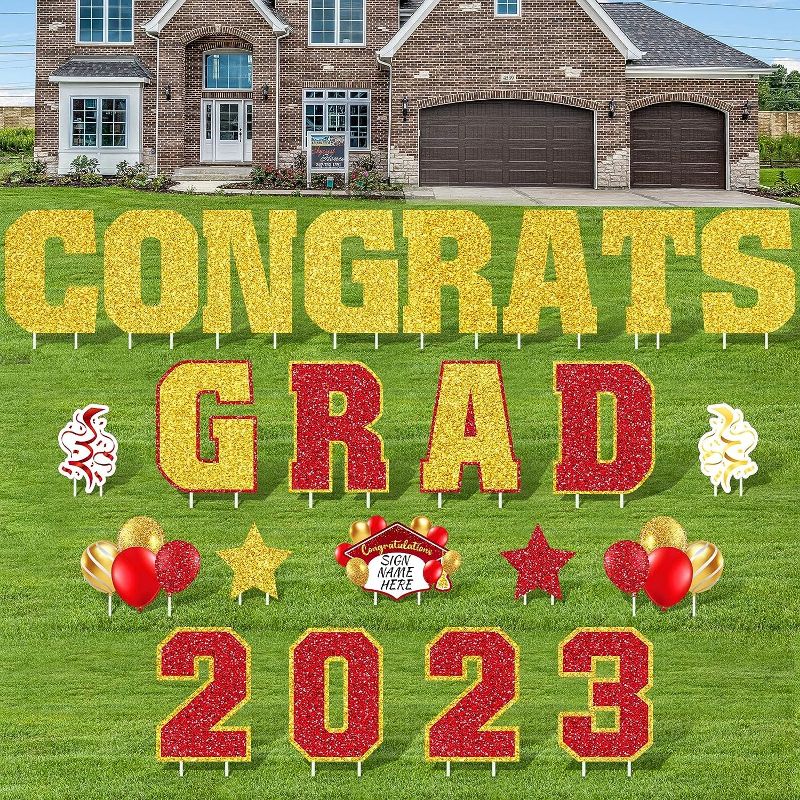 Photo 1 of 23 Pcs Graduation Yard Sign Decorations 2023 Congrats Graduation Lawn Signs 2023 Grad Yard Signs with 46 Stakes for Outdoor Lawn Congrats Graduation Party Decoration Class of 2023 Supplies(Red)
