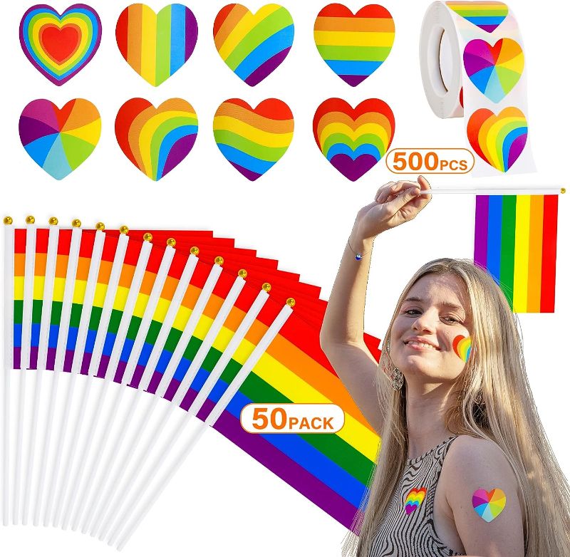 Photo 1 of 50 Pack Pride Flags and 500Pcs Pride Stickers, Mini Handheld LGBTQ Rainbow Flags, Gay Pride Rainbow Heart Stickers Bulk, Small Handheld Pride Flags, Lesbians Pride Month Stuff Set for Parade Party
