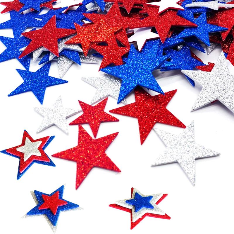 Photo 1 of 450 Pieces Patriotic Foam Stickers Red Blue Silver Glitter Star Foam Stickers for 4th of July Independence Day DIY Craft (450)
