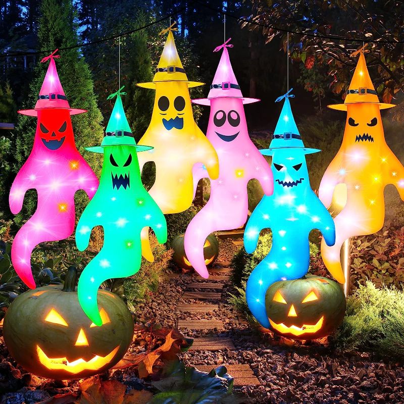 Photo 1 of 6 Pieces 43 Inch Halloween Ghost Windsock with LED Light, Light up Halloween Windsock Ghost Hanging Decorations Halloween Hanging Decorations Outdoor Colorful Hat Ghost Windsock for Garden Decor
