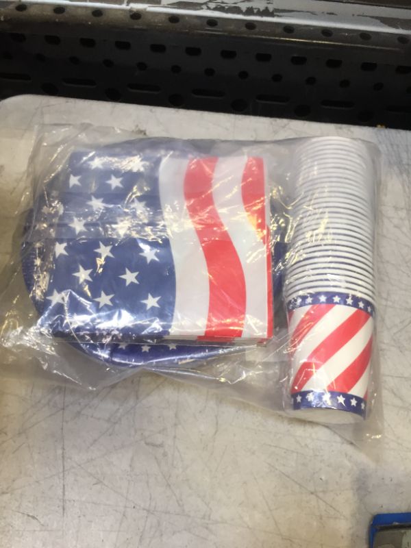 Photo 1 of 4th of July Party Supplies, 25 Set Fourth of July Party Dinnerware Set, Disposable Patriotic Paper Plates Napkins Cups Plastic Cutlery Tablecloth for Independence Day Flag Day Decoration
