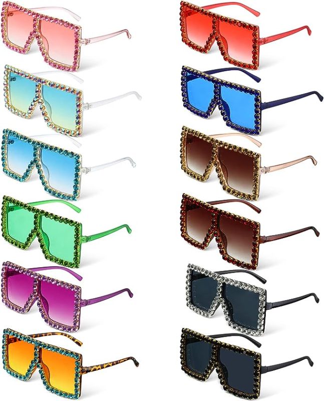 Photo 1 of 12 Pairs Square Diamond Crystal Sunglasses Bulk, 6 x 2.7'' Square Oversized Rhinestone Sunglasses Diamond Glitter Candy Colors Glasses Colorful Classic Retro Shade Eyewear for Women Disco Party Favors
