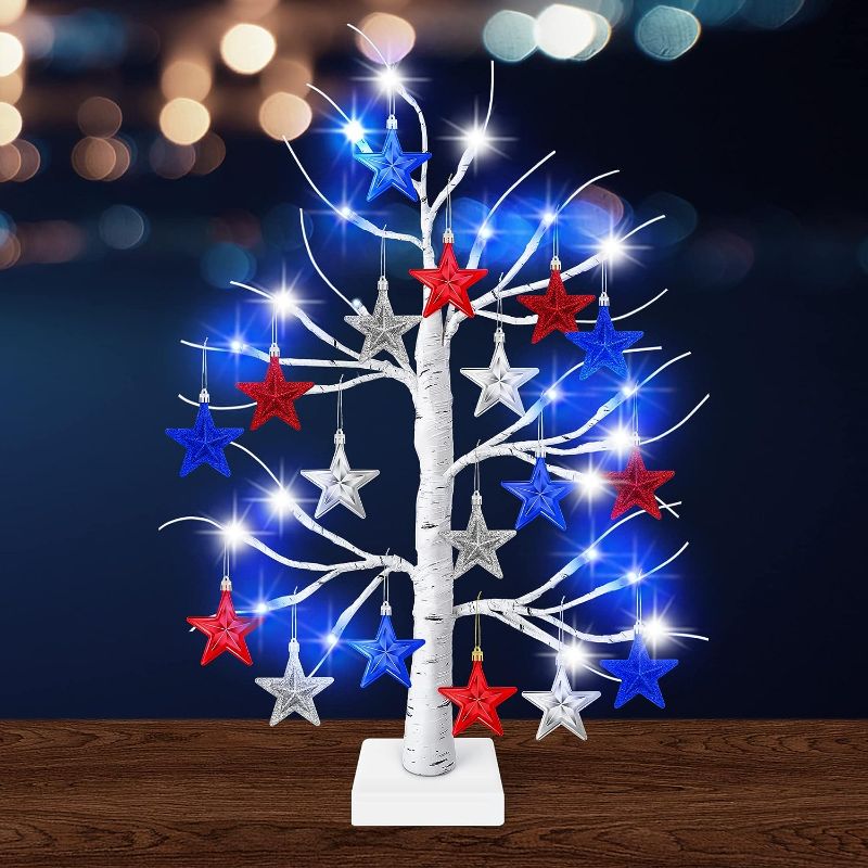 Photo 1 of 4th of July Decorations, 24 Inches Lighted Birch Tree Tabletop Decorations with 18 PCS Star Ornaments, USB Battery Operated Timer Function Independence Day Tree Decor for Memorial Day Veterans Day

