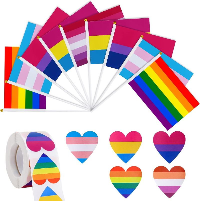Photo 1 of 50 Pack Pride Flag and 500Pcs Pride Stickers, Mini Bisexual Pansexual Lesbian Transgender Rainbow Pride Handheld Flags, LGBTQ Gay Pride Stickers, Pride Month Accessories Set for Parade Party
