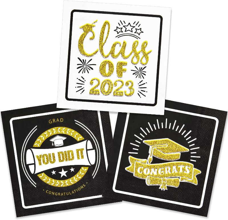 Photo 1 of 50PCS Graduation Napkins Black and Gold Decorations 2023 Party Cocktail Luncheon Beverage Napkins Class of 2023 Congrats Grad 3 Ply Guest Disposable Towels Paper Hand Napkins Dinner Supplies
