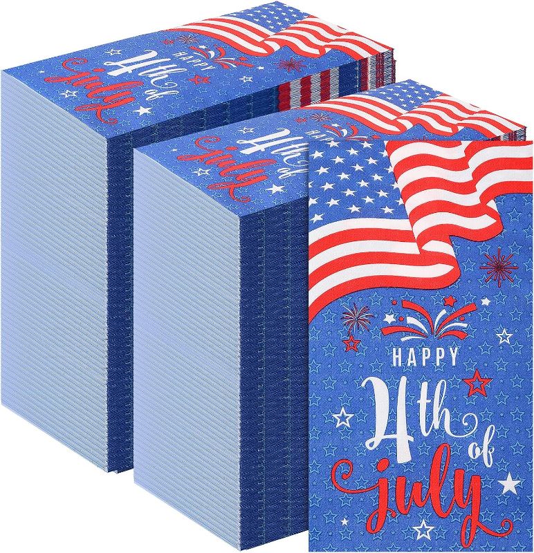 Photo 1 of 150 Pcs Happy 4th of July Patriotic Guest Napkins American Flag Paper Napkins Disposable Paper Red White Blue Stripes and Star Napkin for Veterans Day Election Day Independence Day Decoration
