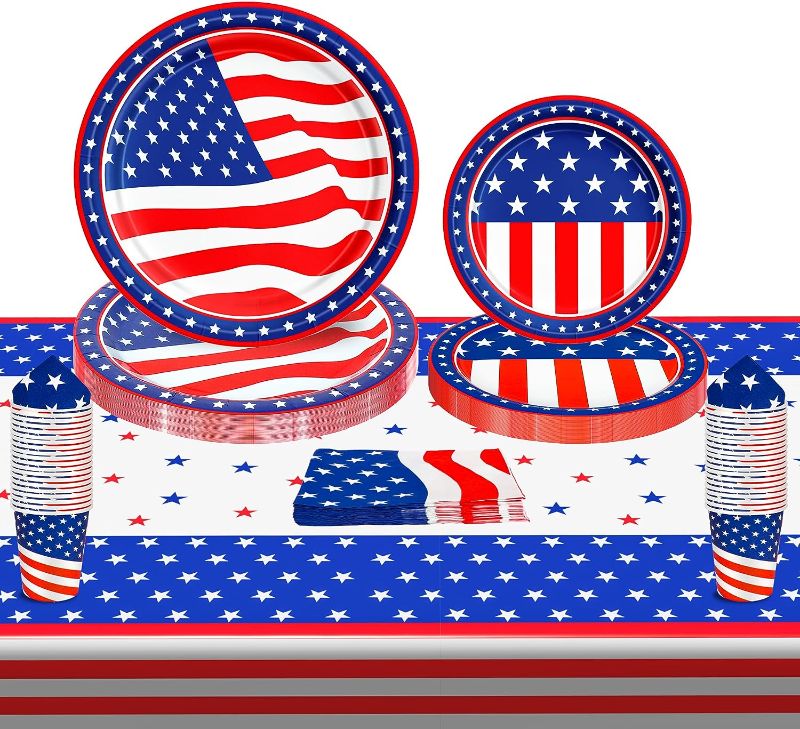 Photo 1 of 121 PCS 4th of July Party Decorations, Serve 30 Fourth of July Tableware Set, Patriotic Disposable Paper Plates and Napkins Cups Set Plastic Tablecloth for Independence Day National Celebration
