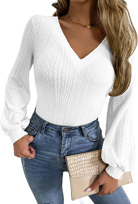 Photo 1 of Cozyease Women's Casual Solid Lantern Long Sleeve V Neck Tee Top Ribbed Knit Tee Shirt- SIZE M 
