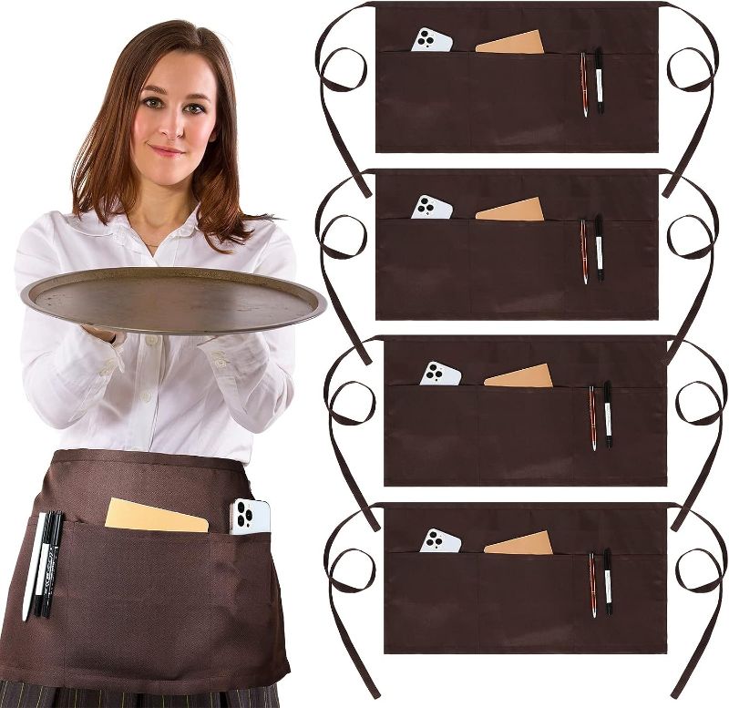 Photo 1 of 4 Pack Server Aprons with 3 Pockets Waist Aprons Waitress Apron for Women Men Water Resistant Aprons Half Aprons Short Aprons, Brown
