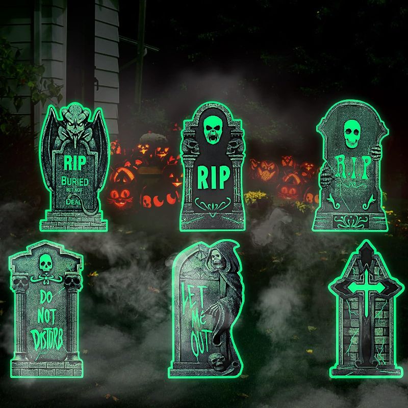 Photo 1 of 6PCS Halloween Fluorescence Tombstones Halloween Glow in the Dark Yard Signs, Scary Luminous Tombstones Graveyard Signs for Yard, Lawn, Garden, Outdoor
