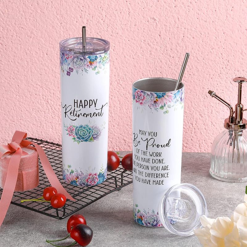 Photo 1 of 2 Pcs Retirement Gift for Women Happy Retirement Gifts for Coworker Thank You Gifts Office Gifts for Employee Volunteer Nurse Teacher, 20 oz Water Mug Tumbler with Straw Lid Brush
