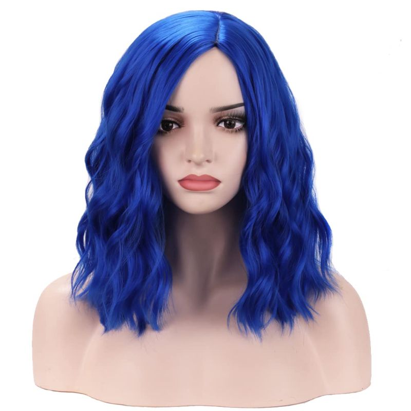 Photo 1 of BERON 14 Inches Blue Wig Short Curly Wig Dark Blue Bob Wig Charming Women Girls Beach Wave Wigs for Cosplay Costume Party Wig Cap Included
