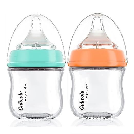 Photo 1 of Gulicola Small Glass Baby Bottle for Breastfed Babies, Slow Flow, Anti-Colic, 0 Months+, 3oz, 2 Count(Green Orange)
