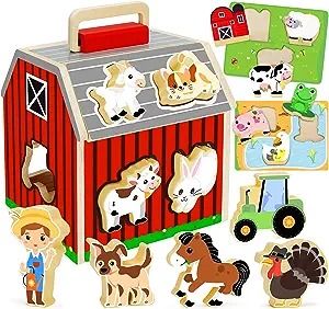 Photo 1 of Wooden Farm Animals Toys for 1 2 3 Year Old Girl Boy, Take-Along Sorting Barn Toy with Baby Chunky Puzzles, Montessori Learning Toys for Fine Motor Games, Christmas Birthday Gifts for Toddlers 1-3
