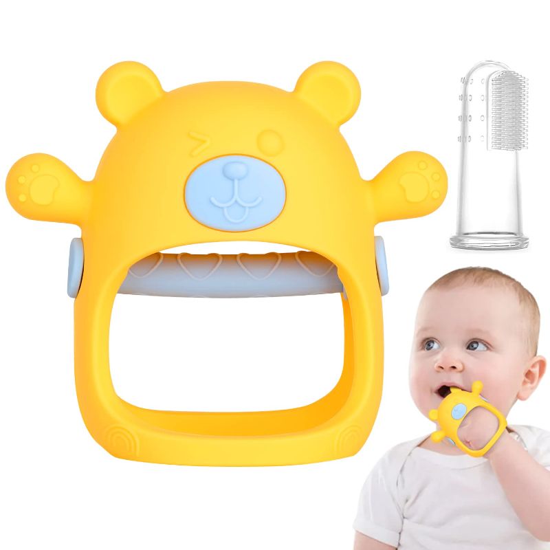 Photo 1 of Fu Store Bear Anti-Dropping Silicone Baby Teething Toy Infants Baby Chew Toys for Sucking Needs, Hand Pacifier for Breast Feeding Babies for New Born (1 Yellow & 1 Finger Toothbrush)
