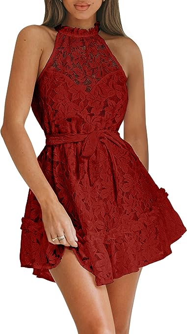 Photo 1 of EXLURA Women's Ruffle Strappy Lace Mini Dress Square Neck Empire Waist Sundresses Vintage Elegant Wedding Guest Dress. XS
