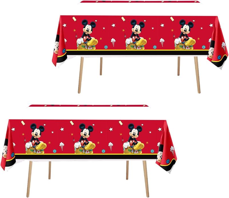 Photo 1 of 2pc Cartoon Mouse Tablecloth, Cute Mouse Table Cover Disposable Plastic Birthday Decorations for Cartoon Mouse Party Tablecloths Supplies Red
