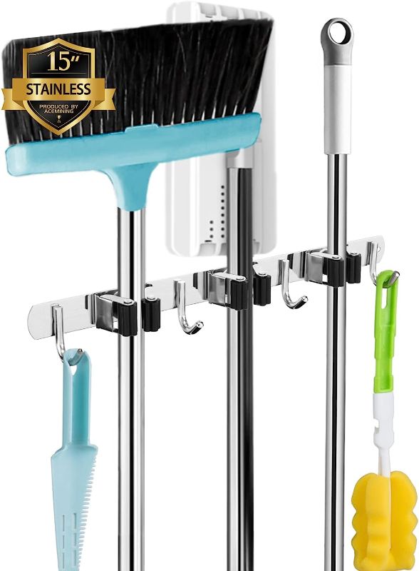 Photo 1 of 3 Racks and 4 Hooks Broom and Mop Holder Wall Mounted Garage Organizer Storage Tool Racks Stainless Steel Heavy Duty Hooks Self Adhesive Solid Non-slip Wall Hangers for Home Kitchen Garden Laundry
