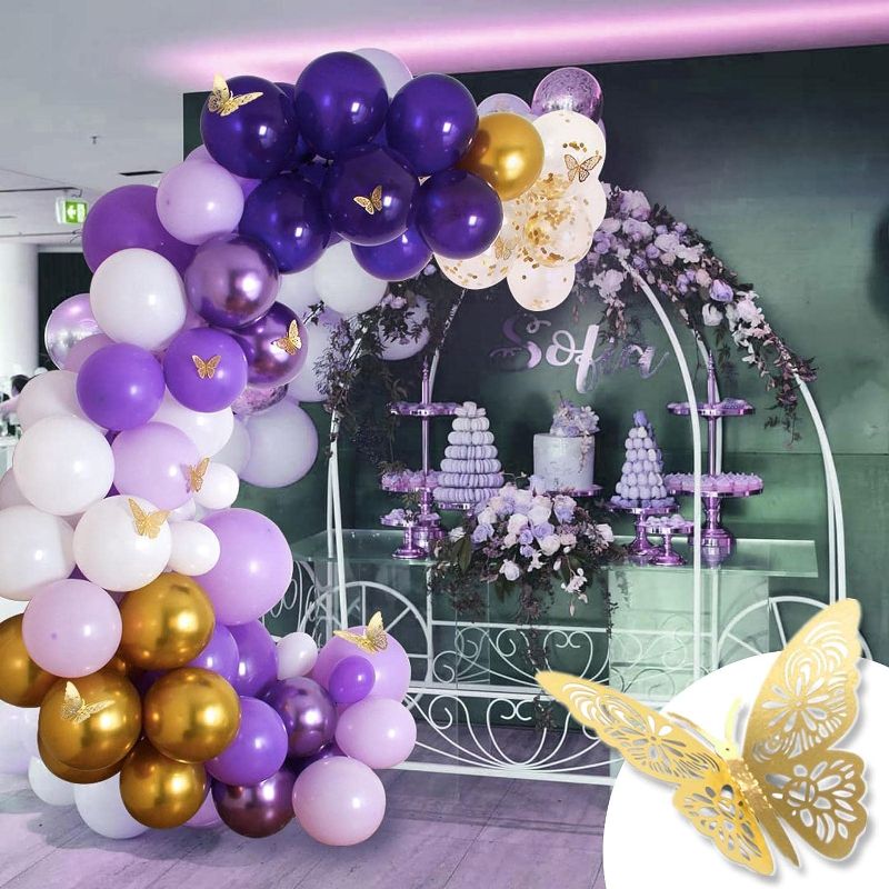 Photo 1 of Purple Balloon Garland Kit -120pcs Purple Latex Balloons, Balloon Arch Kit Purple And Gold With Gold Butterflies, Purple And White Balloons for Wedding Baby Shower Birthday Party
