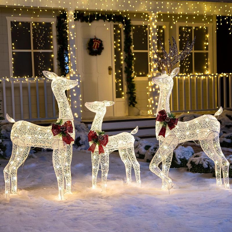 Photo 1 of 3 Packs 3D Christmas Reindeers, Buck, Doe, Fawn 230 LED Warm White Yard Lights for Christmas Outdoor Yard Garden Decorations, Christmas Event Decoration, Christmas Eve Night Decor
