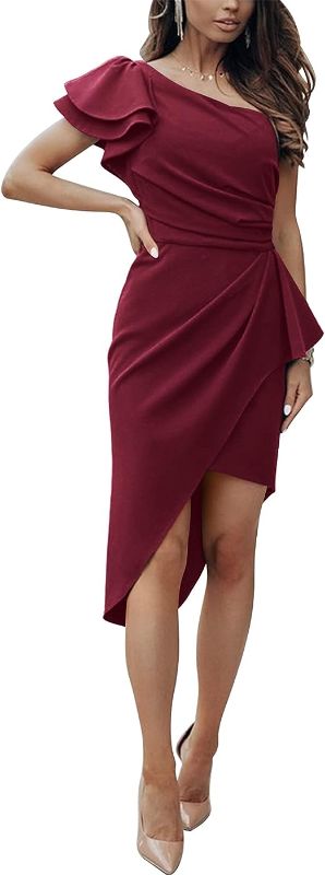 Photo 1 of BTFBM Women 2023 Summer Fashion Elegant One Shoulder Cocktail Dress Ruffle Sleeve Wrap Ruched Bodycon Short Party Dresses XL
